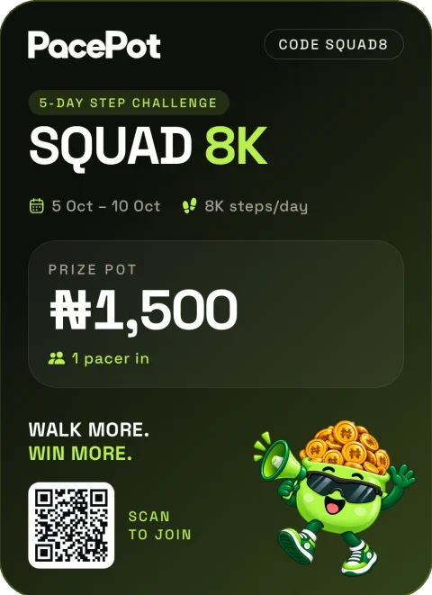 A pot's invite card: 5-day step challenge, 8K steps a day, scan to join.