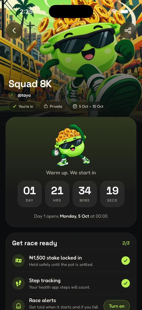 A pot about to start: a countdown and a tick that says you're in.